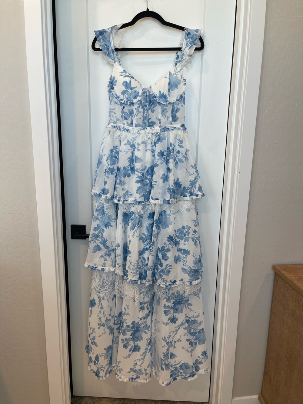 Blue Floral Tiered Dress with Lace Trim
